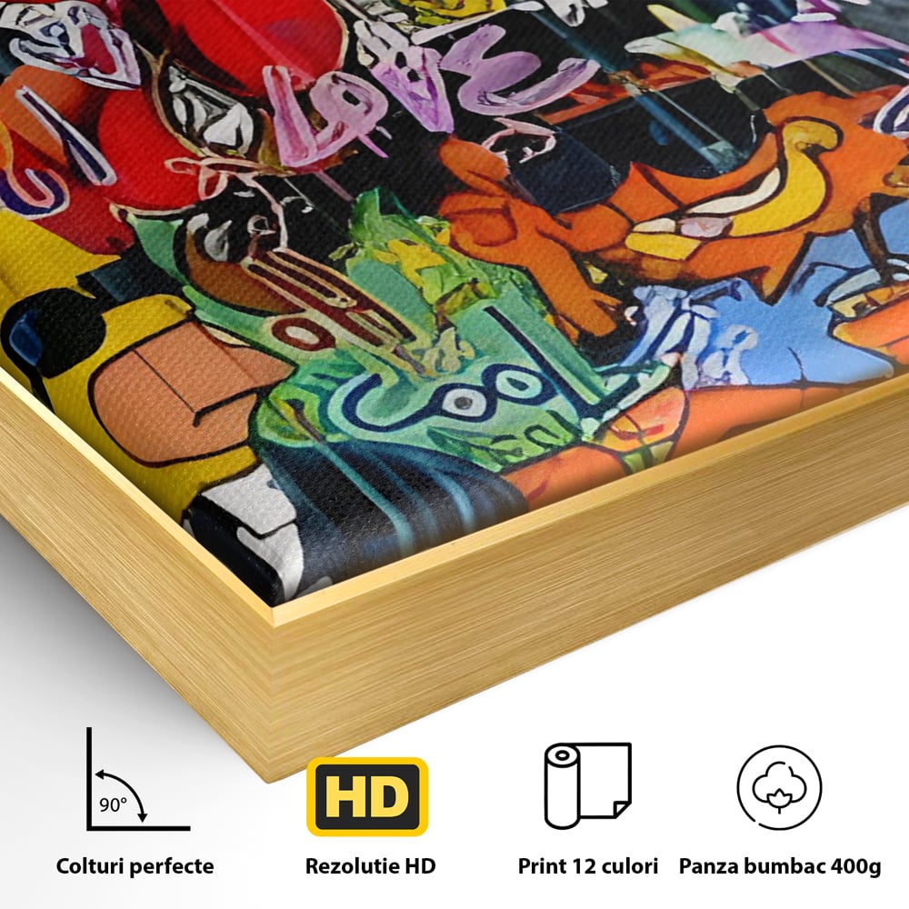 Detaliu al suprafetei: tablou canvas cu personaje din desene animate si graffiti, in rama de aluminiu auriu